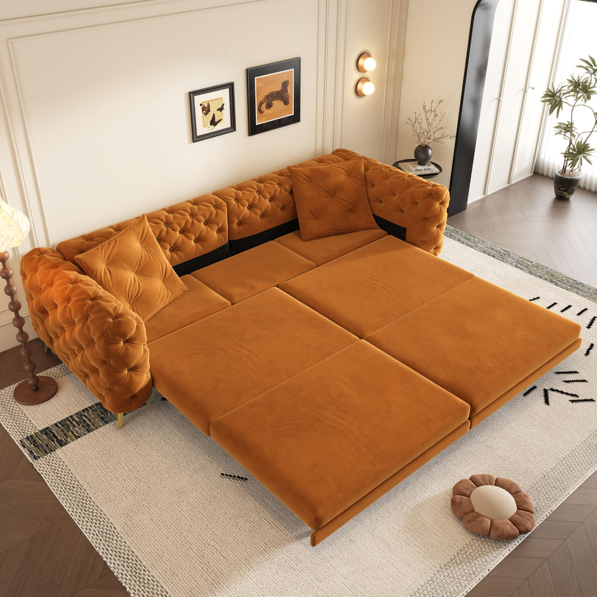 Orange Velvet Convertible Sleeper Sofa with Ottoman O38946